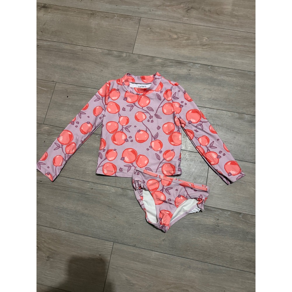 Carter's Just One You Girls 4T Rash Guard Swimsuit Set Orange Fruit Print Purple
